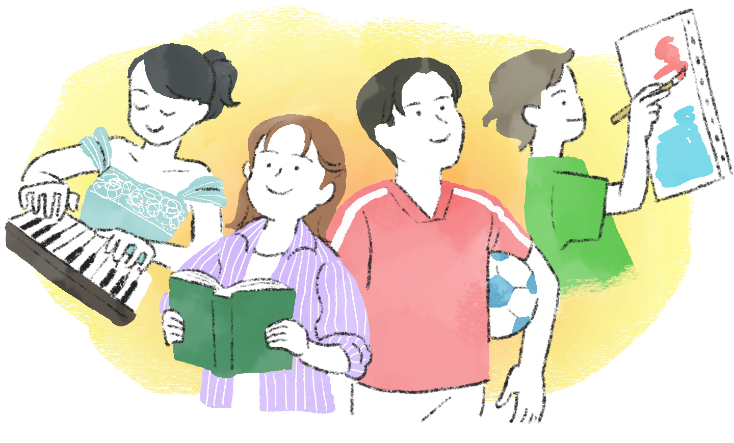 ピアノを弾く人、本を読む人、サッカーボールを持つ人、絵を描く人のイラスト