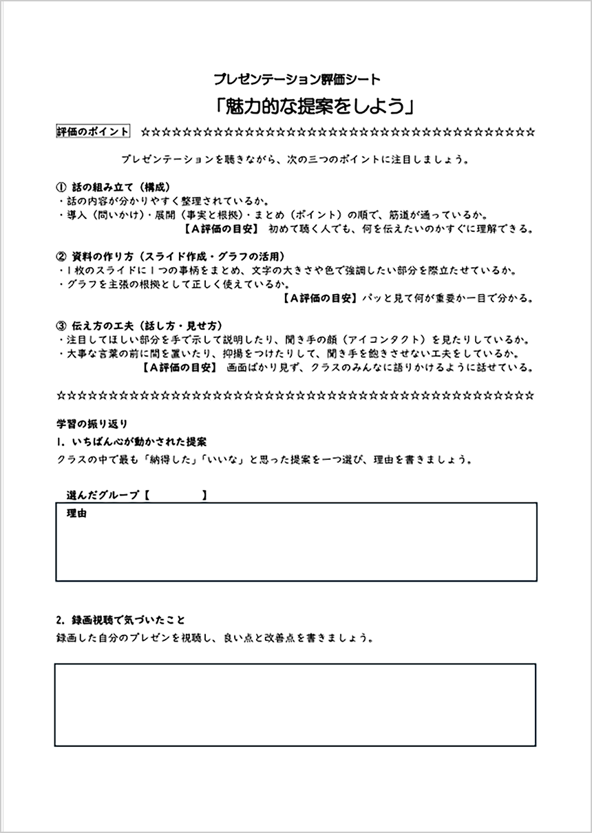 ⽣徒⼀⼈⼀⼈に配布されたプレゼンテーション評価シート 画像1