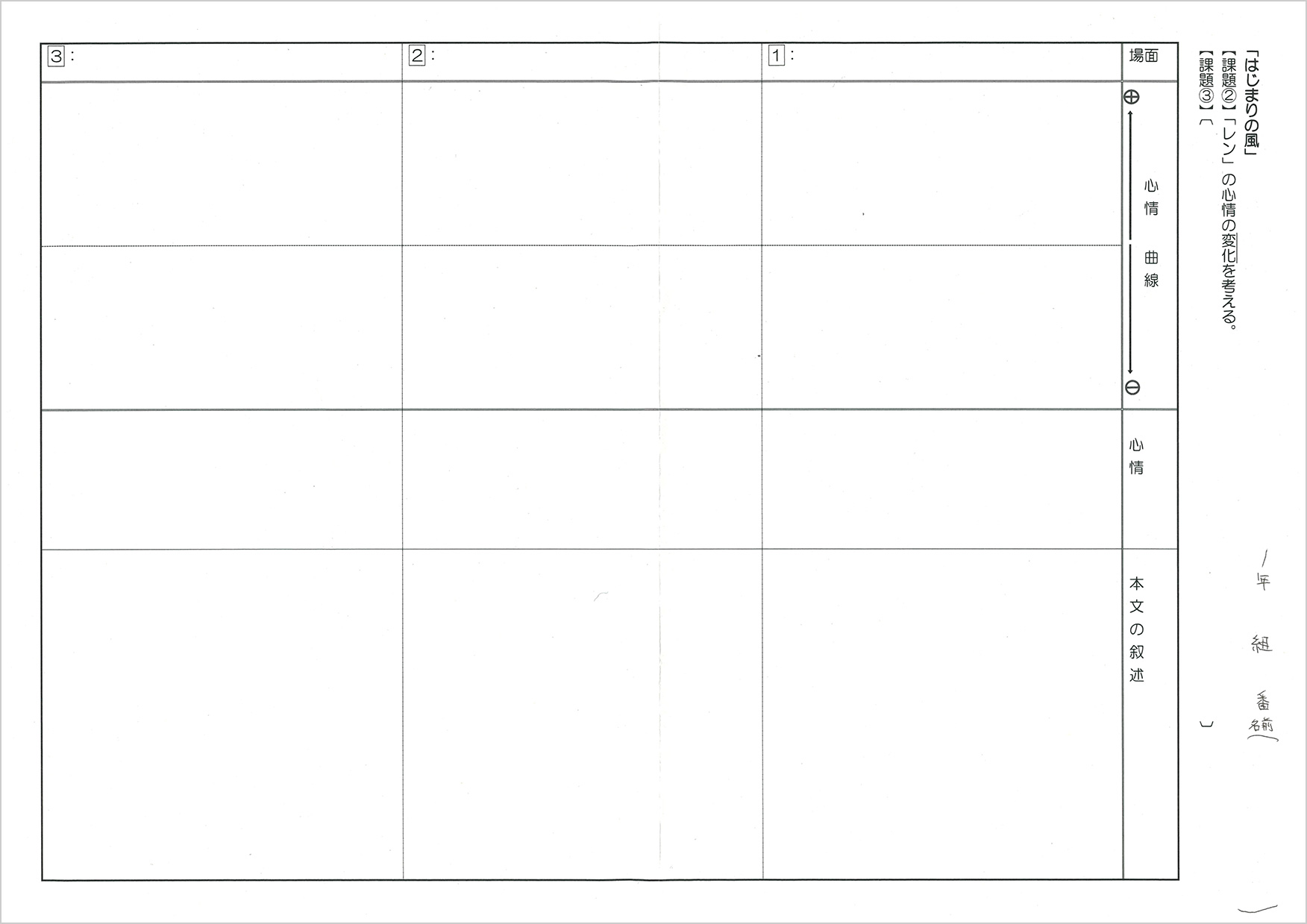 ワークシート。心情曲線を描く欄とその根拠となる本文の記述を抜き出す欄とに分かれている。　画像
