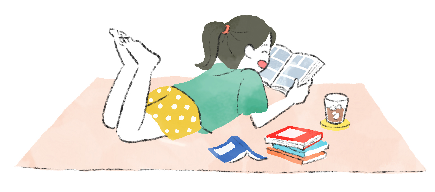 寝そべって漫画を楽しむ子どものイラスト