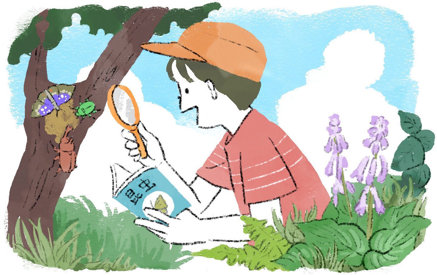屋外で木の樹液に集まる昆虫に虫眼鏡をかざす子どものイラスト
